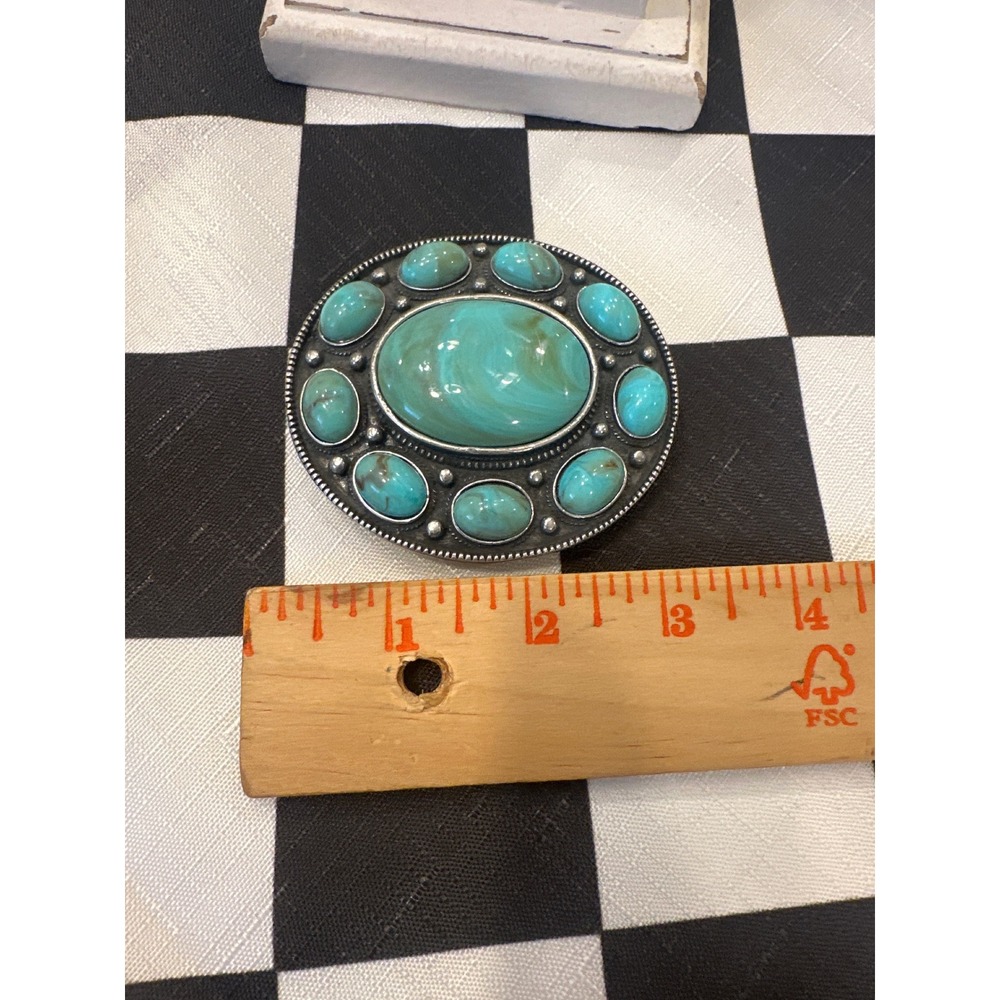Vintage Western Faux Turquoise Silver Tone Oval Belt Buckle cowboy Boho - Picture 6 of 6